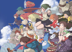  6+boys 6+girls aircraft airplane ashitaka bad_id bad_pixiv_id black_cat black_hair blonde_hair blue_eyes bow braid broom broom_riding brown_eyes brown_hair calcifer company_connection crossover dress earrings facepaint facial_mark feline fire fur gake_no_ue_no_ponyo gloves goggles grey_hair hairband hairbow hat horikoshi_kouhei howl_(howl_no_ugoku_shiro) howl_no_ugoku_shiro jewelry jiji_(majo_no_takkyuubin) kaonashi kaze_no_tani_no_nausicaa kiki_(majo_no_takkyuubin) kurenai_no_buta long_hair majo_no_takkyuubin mask mononoke_hime multiple_boys multiple_girls nausicaa necklace ogino_chihiro ohmu orange_hair pazu pig_boy ponyo ponytail porco_rosso_(character) riding san_(mononoke_hime) savoia_s.21 sen_to_chihiro_no_kamikakushi sheeta short_hair smile sophie_(howl_no_ugoku_shiro) sousuke_(ponyo) studio_ghibli tenkuu_no_shiro_laputa tonari_no_totoro totoro yupa_miralda 