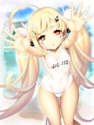  ahoge armpits azur_lane bare_legs beach blonde_hair blurry blurry_background breasts collarbone commentary_request day eldridge_(azur_lane) female hair_ornament hairclip incoming_hug long_hair looking_at_viewer md5_mismatch ocean one-piece_swimsuit outstretched_arms red_eyes school_swimsuit sky small_breasts solo swimsuit twintails white_one-piece_swimsuit yagitori 