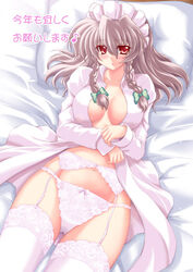  bed bow bow_panties braid breasts commentary_request female garter_belt grey_hair hairbow izayoi_sakuya large_breasts lying maid_headdress navel no_bra on_back open_clothes open_shirt panties pillow red_eyes shirt solo thighhighs touhou twin_braids underwear white_panties white_thighhighs yume_keikaku 