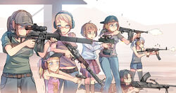  6+girls battle_rifle blonde_hair blue_eyes blush bren_lmg casual cbj-ms commentary_request daito drum_magazine fg42 firing glasses group_picture group_profile gun hat headset light_machine_gun lineup magazine_(weapon) multiple_girls nambu_type_94 original profile red_eyes rifle school_uniform shooting_range short_hair silver_hair smile submachine_gun trembling type_79_smg ud_m42 vsk-94 weapon 