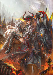  armor barding breastplate character_request commentary dragon_nest facial_mark female fire gauntlets greaves grey_lips heart helmet horse lips lipstick long_hair makeup photoshop_(medium) red_eyes saber_01 silver_hair sitting solo sword weapon wind 