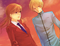  1boy bad_id bad_pixiv_id blonde_hair brown_hair female hand_in_pocket kanameyura long_hair mizutani_shizuku necktie red_eyes school_uniform short_hair tonari_no_kaibutsu-kun twintails yamaguchi_kenji 