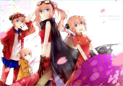  4girls :d blue_eyes bun_cover cape china_dress chinese_clothes commentary double_bun dress gintama glasses gloves goggles goggles_on_head hair_bun jacket kagura_(gintama) midriff multiple_girls open_clothes open_jacket open_mouth pants pants_under_skirt petals photoshop_(medium) purple_umbrella red_eyes school_uniform serafuku short_hair single_hair_bun skirt sleep_mask smile stuffed_animal stuffed_toy time_paradox track_jacket track_pants umbrella watermark web_address zxs1103 