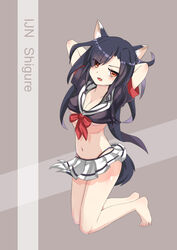  animal_ears arms_behind_head azur_lane barefoot black_hair breasts character_name cleavage commentary_request female highres kneeling long_hair looking_at_viewer medium_breasts microskirt navel oerba_yun_fang orange_eyes photoshop_(medium) pleated_skirt school_uniform serafuku shigure_(azur_lane) simple_background skirt slit_pupils solo tail the_hermit wolf_ears wolf_tail 