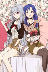  2girls bad_id bad_pixiv_id black_legwear blue_hair braid breasts carrot cleavage grey_hair hair_ribbon hairband idolmaster idolmaster_(classic) kasuga_nao kisaragi_chihaya long_hair looking_at_viewer medium_breasts multiple_girls open_mouth purple_eyes rabbit ribbon shijou_takane shorts sitting smile stuffed_animal stuffed_toy thighhighs twin_braids 