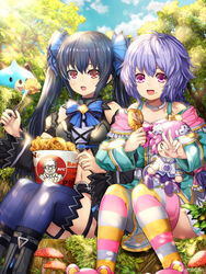  0_0 2girls :d akudaijin artist_name bad_id bad_pixiv_id bare_shoulders beluga_dolphin black_hair blush blush_stickers braid brand_name_imitation breasts bucket_of_chicken character_doll chicken_(food) choker cleavage cloud day dogoo eating food food_on_face fork fried_chicken hair_ornament highres holding holding_fork kfc long_hair looking_at_viewer medium_breasts multiple_girls mushroom neptune_(neptunia) neptune_(series) noire_(neptunia) open_mouth outdoors photoshop_(medium) purple_hair pururut red_eyes ribbon sitting small_breasts smile stuffed_toy sunlight tongue tongue_out tree tree_stump twintails very_long_hair w 