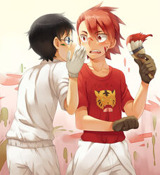  2boys black_hair blue_eyes blush commentary_request cr72 glasses gloves male_focus multiple_boys naruko_shoukichi onoda_sakamichi open_mouth paintbrush photoshop_(medium) red_hair yowamushi_pedal 