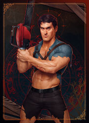  1boy 1male abs action_hero ash_williams barely_clothed black_hair brown_eyes bruce_campbell celebrity chainsaw dark_hair evil_dead eye_contact fuhrerdoodles harness horror looking_at_viewer male male_only muscles muscular muscular_male pinup revealing_clothes ripped_clothing ripped_pants skimpy skimpy_clothes torn_clothes torn_clothing veins veiny_muscles white_male 