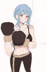  1girls blue_eyes boxing boxing_gloves brown_boxing_gloves brown_gloves confident cozybambii dark_brown_boxing_gloves dark_brown_gloves female female_only fire_emblem fire_emblem:_three_houses gloves light-skinned_female light_skin looking_at_viewer marianne_von_edmund midriff pants rough_sketch smiling solo sports_bra sportswear white_background wholesome 