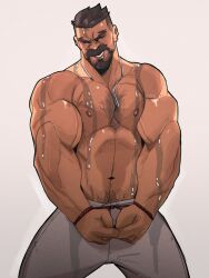  1boy asymmetrical_hair bara beard beard_stubble bound bound_arms broad_shoulders chest_hair chris_sdd cropped_legs dark-skinned_male dark_skin dog_tags facial_hair highres male_focus mature_male muscular muscular_male navel nipples overwatch overwatch_1 pants pectorals reaper_(overwatch) red_rope rope short_hair sidecut signature simple_background stubble sweatpants undercut very_short_hair wet wet_pants 