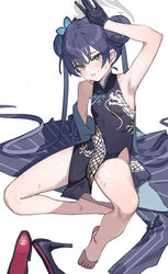  absurdres armpits black_dress black_gloves black_hair black_jacket blue_archive blush butterfly_hair_ornament china_dress chinese_clothes double_bun dragon_print dress feet female gloves grey_eyes hair_bun hair_ornament halo high_heels highres jacket jacket_partially_removed kisaki_(blue_archive) legs long_hair no-show_socks no_shoes pelvic_curtain pinstripe_jacket pinstripe_pattern print_dress shoes solo striped sweat toes twintails unworn_shoes xiu_kukkii 