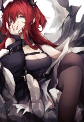  ankoro_mochi arknights black_dress black_jacket black_thighhighs breasts cleavage commentary demon_horns detached_collar dress female hand_on_own_face highres horns jacket long_hair medium_breasts open_clothes open_jacket purple_eyes red_hair solo surtr&#039;s_golem_(arknights) surtr_(arknights) thighhighs white_background 