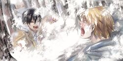  2boys aged_down bad_id bad_twitter_id black_hair blonde_hair chainsaw_man coat collared_shirt crying denji_(chainsaw_man) forest hayakawa_aki male_focus multiple_boys nature nnya open_mouth playing shirt short_hair smile snow snowball snowball_fight white_shirt winter_clothes winter_coat winter_shirt 