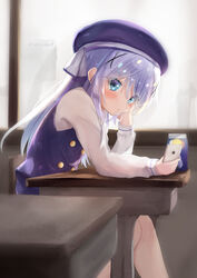  beret black_hat blue_eyes blue_hair blush cellphone chair commentary desk female gochuumon_wa_usagi_desu_ka? hair_ornament hat highres holding holding_phone kafuu_chino kafuu_chino&#039;s_school_uniform long_hair long_sleeves looking_at_phone natuna_natu phone school_chair school_desk school_uniform sitting smartphone solo twitter_username window x_hair_ornament 