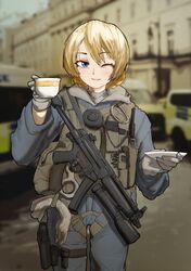  absurdres alternate_costume blue_eyes blurry blurry_background braid carabiner collaboration commission cup darjeeling_(girls_und_panzer) english_commentary female french_braid girls_und_panzer gloves grey_gloves gun h&amp;k_mp5 handgun heckler_&amp;_koch highres holding holding_cup holster houshou8 load_bearing_vest looking_at_viewer medium_hair one_eye_closed overalls photo_background saucer smile solo submachine_gun teacup thigh_holster unworn_gloves van_duck_iii weapon 