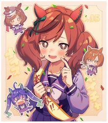  &gt;_&lt; 4girls ahoge animal_ears bad_id bad_twitter_id birthday_sash blue_hair blush brown_hair chibi chibi_inset confetti ear_covers glasses horse_ears horse_girl ikuno_dictus_(umamusume) long_sleeves looking_at_viewer matikane_tannhauser_(umamusume) multicolored_hair multiple_girls nice_nature_(umamusume) nose_blush nu_tarou_(tr84635391) open_mouth orange_hair party_popper purple_shirt purple_skirt raised_eyebrows red_hair round_eyewear sailor_collar sash school_uniform sharp_teeth shirt shoulder_sash skirt smile solo_focus streaked_hair sweatdrop teeth tracen_school_uniform twin_turbo_(umamusume) twintails umamusume 