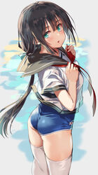  absurdres ass black_hair black_sailor_collar blue_one-piece_swimsuit blush commentary_request female from_behind from_side green_eyes highres japanese_flag_print long_hair looking_at_viewer looking_to_the_side low_ponytail michairu neckerchief no_pants one-piece_swimsuit open_mouth paid_reward_available red_neckerchief sailor_collar school_swimsuit school_uniform serafuku serasuku shirt short_sleeves solo standing swimsuit swimsuit_under_clothes thighhighs tougou_mimori very_long_hair white_shirt white_thighhighs yuuki_yuuna_wa_yuusha_de_aru yuusha_de_aru 