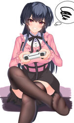  absurdres angry annoyed asm_ln black_hair black_ribbon black_skirt black_thighhighs blunt_bangs blurry blurry_foreground blush breasts brown_eyes clenched_teeth controller dualsense female frills highres holding holding_controller idolmaster idolmaster_shiny_colors jirai_kei long_hair long_sleeves mayuzumi_fuyuko no_shoes pink_shirt playstation_controller ribbon shirt simple_background sitting skirt soles solo squiggle teeth thighhighs thighs thought_bubble two_side_up white_background zettai_ryouiki 