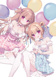  2girls :d balloon bare_shoulders blue_bow blue_skirt blush bow breasts brown_hair cleavage closed_mouth commentary_request detached_sleeves double_bun feet_out_of_frame frilled_shirt frilled_sleeves frills hair_between_eyes hair_bun hairbow highres holding holding_balloon knees_together_feet_apart knees_up long_hair medium_breasts miyasaka_miyu multiple_girls original pink_bow pink_skirt puffy_short_sleeves puffy_sleeves purple_eyes shirt short_sleeves simple_background skirt small_breasts smile strapless strapless_shirt thighhighs two_side_up very_long_hair white_background white_shirt white_sleeves white_thighhighs 