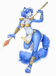  accessory acrylic_painting_(artwork) akatan_art anthro blue_body blue_eyes blue_fur blue_hair bottomwear canid canine cheek_tuft clothed clothing eyelashes facial_tuft fangs female footwear fox front_view fur furgonomics glistening glistening_eyes gold_accessory hair hi_res holding_melee_weapon holding_object holding_polearm holding_spear holding_weapon jewelry krystal_(star_fox) legwear light_body light_fur loincloth looking_at_viewer mammal melee_weapon necklace nintendo open_mouth open_smile polearm sandals shoulder_pads simple_background skimpy smile solo spear standing star_fox tail tail_accessory tailband teeth traditional_media_(artwork) tuft unsigned weapon white_background wide_hips 