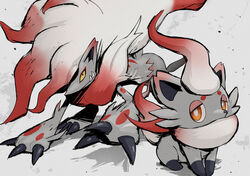  bright_pupils claws commentary_request evolutionary_line fangs fangs_out furry gonzarez grey_fur highres hisuian_zoroark hisuian_zorua looking_at_viewer orange_eyes pokemon pokemon_(creature) sitting white_pupils yellow_eyes 