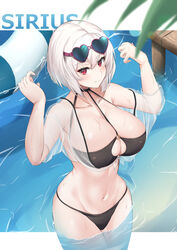  absurdres azur_lane bare_shoulders bikini black_bikini blush breasts character_name cleavage closed_mouth collarbone eyewear_on_head female heart heart-shaped_eyewear highres j_yak47 large_breasts looking_at_viewer navel official_alternate_costume red_eyes see-through short_hair sirius_(azur_lane) sirius_(scorching-hot_seirios)_(azur_lane) smile solo sunglasses swimsuit thighs wading water wet white_hair 