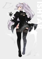  2b_(nier:automata) 2b_(nier:automata)_(cosplay) \||/ absurdres alternate_costume artist_name boots commission commissioner_upload cosplay female fire_emblem fire_emblem:_genealogy_of_the_holy_war fire_emblem_heroes floating_hair full_body gloves grey_hair hair_ornament hand_up hannreina highres ishtar_(fire_emblem) jewelry leotard leotard_peek long_hair looking_at_viewer nier:automata nier_(series) no_blindfold open_mouth ponytail purple_eyes simple_background solo thighhighs variant_set very_long_hair watermark white_leotard 