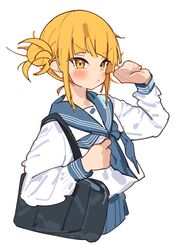  absurdres bad_id bad_twitter_id bag blonde_hair blue_skirt boku_no_hero_academia closed_mouth double_bun female hair_bun highres long_sleeves looking_at_viewer rasusurasu sailor_collar school_uniform shirt shoulder_bag simple_background skirt solo toga_himiko v-shaped_eyebrows white_background white_shirt yellow_eyes 