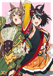  2girls ahoge animal_ears arm_up armpits black_hair black_jacket blush breasts brown_hair cleavage cleavage_cutout clenched_hands clothing_cutout corset cowboy_shot detached_sleeves friends green_skirt hair_ornament highres horse_ears horse_girl jacket kitasan_black_(umamusume) large_breasts long_hair looking_at_viewer medium_breasts miniskirt multicolored_hair multiple_girls open_mouth orange_eyes round_teeth sash satono_diamond_(umamusume) shirt short_hair skirt sleeveless sleeveless_jacket sleeveless_shirt sleeves_past_fingers sleeves_past_wrists smile sugarbeat teeth umamusume white_hair yellow_eyes yellow_shirt yellow_skirt 