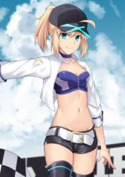  ahoge alternate_costume arm_at_side artoria_pendragon_(fate) baseball_cap belt black_hat black_shorts blonde_hair breasts cloud cloudy_sky collarbone commentary_request cosplay cowboy_shot crop_top cropped_jacket cross_(crossryou) day fate/grand_order fate_(series) female groin hair_through_headwear hat highres holding jacket long_hair long_sleeves looking_at_viewer medium_breasts midriff mysterious_heroine_x_(fate) navel open_clothes open_jacket outdoors race_queen saber_(fate) saber_(fate)_(cosplay) saber_(type-moon_racing)_(fate) saber_(type-moon_racing)_(fate)_(cosplay) short_shorts shorts sky solo stomach thighhighs white_belt white_jacket 