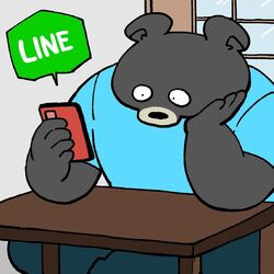  1:1 2020 anthro bear black_bear black_nose bottomwear brown_body brown_fur clothed clothing electronics fur humanoid_hands male mammal moon_bear pants phone shirt sitting solo topwear ursine yuumin148 