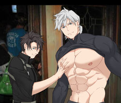  2boys abs bara bare_pectorals black_bodysuit blue_eyes bodysuit clothes_lift english_commentary fate/grand_order fate_(series) fujimaru_ritsuka_(male) fujimaru_ritsuka_(male)_(polar_chaldea_uniform) grabbing large_pectorals looking_at_viewer male_focus meme multiple_boys muscular muscular_male navel nipples osmond parody pectoral_grab pectoral_grab_(meme) pectorals percival_(fate) photo_background shirt_lift short_hair smile uniform upper_body white_hair yaoi 