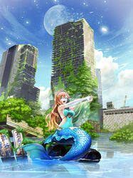  :d absurdres blue_eyes blue_sky breasts brown_hair building city cityscape cloud commentary_request covered_navel day elbow_gloves female fins full_body gloves head_fins highres ivuki large_breasts long_hair mermaid monster_girl open_mouth original outdoors outstretched_arms overgrown reflection ruins sitting sky skyscraper smile solo water white_gloves 