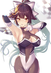  ahoge armpits arms_up azur_lane bare_shoulders blurry bodysuit bow breasts brown_eyes brown_hair checkered_flag cleavage cleavage_cutout clothing_cutout covered_navel cowboy_shot depth_of_field elbow_gloves female fingerless_gloves flag floating_hair gloves groin hair_flaps hairbow large_breasts leotard long_hair looking_at_viewer md5_mismatch official_alternate_costume parted_lips ponytail race_queen solo standing takao_(azur_lane) takao_(full_throttle_charmer)_(azur_lane) very_long_hair yoruhachi 