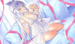  absurdres bad_id bad_twitter_id bare_shoulders blue_eyes breasts cleavage collarbone dakimakura_(object) female genshin_impact gloves hair_ornament highres kamisato_ayaka kikimi large_breasts long_hair lumine_(genshin_impact) one_eye_closed pillow ponytail sitting solo thighs white_gloves white_hair 