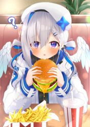  :o ? absurdres amane_kanata amane_kanata_(work) angel_wings asymmetrical_bangs azuremo beret blue_hair blush burger colored_inner_hair feathered_wings female food french_fries grey_hair hair_ornament hair_over_one_eye hair_rings hairclip hat highres hololive jacket long_hair looking_at_viewer low_twintails mini_wings multicolored_hair official_alternate_costume official_alternate_hair_length official_alternate_hairstyle open_mouth pov_across_table purple_eyes single_hair_intake solo twintails upper_body virtual_youtuber white_jacket white_wings wings 