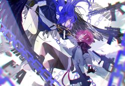  2girls absurdres angel arknights artist_name black_gloves black_pantyhose black_skirt blue_eyes blue_hair blurry blurry_background blurry_foreground chains closed_mouth demon_girl demon_horns demon_tail demon_wings exusiai_(arknights) fingerless_gloves floating floating_object floating_weapon from_side full_body fur_trim gloves gun halo highres holding holding_polearm holding_weapon horns id_card jacket leaning_forward long_hair long_sleeves looking_at_another medium_hair mostima_(arknights) multiple_girls outstretched_arms pantyhose parted_lips polearm purple_hair purple_jacket red_shorts rifle shirt short_sleeves shorts sidelocks skirt sleeve_cuffs smile submachine_gun tail thighs weapon white_jacket white_shirt wings yolanda 