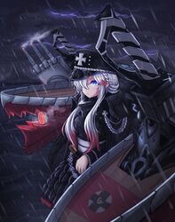  aiguillette armor armored_skirt azur_lane blue_eyes braid breastplate cloud coat cross dark_clouds female from_side gradient_hair hair_over_one_eye hat highres iron_cross island long_sleeves military_hat multicolored_hair ocean odin_(azur_lane) padded_coat peaked_cap rain red_hair rigging smoke solo storm sword turret vinwri waves weapon wet wet_clothes white_hair 