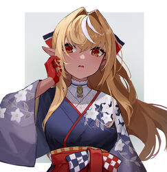  absurdres blonde_hair blue_background blue_kimono bow breasts checkered commentary dark-skinned_female dark_skin dre female floral_print gloves hair_between_eyes hairbow hand_in_own_hair highres hololive japanese_clothes kimono long_hair looking_at_viewer medium_breasts multicolored_hair obi official_alternate_costume official_alternate_hairstyle open_mouth pointy_ears red_gloves sash shiranui_flare shiranui_flare_(new_year) sidelocks simple_background solo streaked_hair two-tone_hair upper_body virtual_youtuber white_background white_hair wide_sleeves 