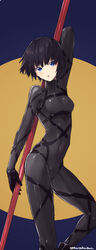  arm_behind_back arm_up black_hair blue_eyes blush bodysuit collarbone commentary covered_collarbone covered_navel female highres holding holding_polearm holding_staff holding_weapon light_blush murata_tefu open_mouth original polearm short_hair signature solo staff tight_clothes turtleneck weapon 