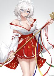  absurdres azur_lane bare_shoulders bell blue_eyes breasts cleavage collarbone commentary_request cowboy_shot dead_or_alive dead_or_alive_xtreme detached_sleeves eyes_visible_through_hair female hair_over_one_eye hakama hakama_skirt hand_up highres hip_vent holding japanese_clothes jingle_bell kagura_suzu large_breasts light_blush luna_(doa) nontraditional_miko parted_lips red_hakama short_hair sidelocks simple_background skirt solo thighs ueyama_0clock white_background white_hair 