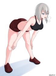  absurdres bent_over black_sports_bra blue_eyes bluff260 breasts breath brown_footwear brown_shorts commentary female girls_und_panzer grey_hair hands_on_own_knees highres itsumi_erika leaning_forward medium_hair no_socks open_mouth shadow shoes short_shorts shorts simple_background solo sports_bra sportswear standing sweat twitter_username white_background 