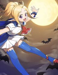  absurdres ascot bat_(animal) betabetamaru blonde_hair blue_thighhighs capelet castlevania:_portrait_of_ruin castlevania_(series) charlotte_aulin charlotte_aulin_(cosplay) commission cosplay female fire_emblem fire_emblem_awakening full_moon highres long_hair looking_at_viewer moon nowi_(fire_emblem) open_mouth pointy_ears ponytail purple_eyes skeb_commission skirt smile solo thighhighs 