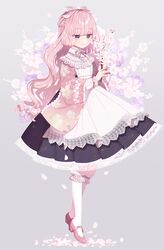  apron bow branch female flower full_body grey_background hairbow highres holding holding_branch holding_flower long_hair long_sleeves mamyouda original pink_eyes pink_flower pink_footwear pink_hair purple_flower shoes solo white_legwear wide_sleeves 