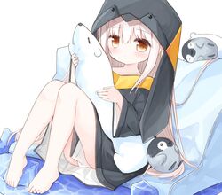  animal_hood bare_legs barefoot bird black_jacket blush brown_eyes bunny_girl_(yuuhagi_(amaretto-no-natsu)) closed_mouth commentary female holding holding_stuffed_toy hood hood_up hooded_jacket jacket knees_up long_hair long_sleeves original penguin penguin_hood pillow simple_background sitting solo stuffed_animal stuffed_seal stuffed_toy two-sided_fabric two-sided_skirt very_long_hair white_background white_hair wide_sleeves yuuhagi_(amaretto-no-natsu) 