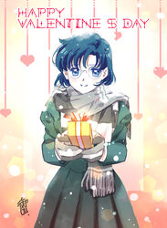  :d bishoujo_senshi_sailor_moon bloom blue_eyes blue_hair box cowboy_shot english_text female gift gift_box glasses gloves happy_valentine heart highres holding holding_box holding_gift long_sleeves looking_at_viewer mikuni_shoko mizuno_ami open_mouth scarf short_hair smile solo standing winter_clothes winter_gloves 