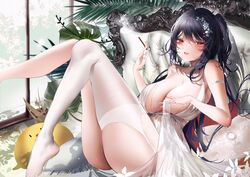  absurdres azur_lane backless_outfit black_hair blush breasts center_opening cleavage cocktail_dress dress evening_gown feet_out_of_frame female garter_straps hair_ornament hair_strand highres indoors large_breasts long_hair manjuu_(azur_lane) official_alternate_costume palm_leaf plunging_neckline red_eyes satin_dress see-through see-through_dress sleeveless sleeveless_dress taihou_(azur_lane) taihou_(temptation_on_the_sea_breeze)_(azur_lane) thighhighs thighs very_long_hair wedding_dress white_dress white_garter_straps white_thighhighs xiongshouji 