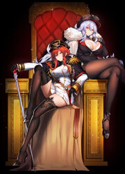  2girls azur_lane black_gloves braid breasts cape cleavage cleavage_cutout clothing_cutout crossed_legs french_braid fur_collar fur_trim gem gloves graf_zeppelin_(azur_lane) hair_between_eyes hat high_heels highres holding holding_staff jacket large_breasts long_hair military military_hat military_uniform miniskirt monarch_(azur_lane) multiple_girls pantyhose pleated_skirt purple_eyes raiou red_eyes red_gemstone red_hair sitting skirt staff thigh_gap thighhighs thighs throne uniform white_hair white_jacket white_skirt zettai_ryouiki 