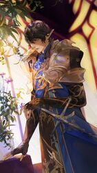  1boy armor aymeric_de_borel black_gloves black_hair blue_cloak blue_eyes cloak commentary_request earclip earrings elbow_gloves elezen elf final_fantasy final_fantasy_xiv fingerless_gloves flower gloves hand_on_hilt hand_up highres jewelry jya korean_commentary leaf looking_to_the_side male_focus pauldrons plant pointy_ears short_hair shoulder_armor solo standing sword temple_knight_(final_fantasy_xiv) vase weapon 