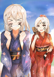  2021 2girls absurdres angry blue_sky closed_eyes commentary_request facepaint girls&#039;_frontline grey_eyes grey_hair hair_ornament hair_ribbon hands_up happy_new_year highres holding ink japanese_clothes kimono long_hair looking_at_another multiple_girls muteppona_hito new_year open_mouth red_ribbon ribbon simple_background sky smile svd_(girls&#039;_frontline) tassel white_hair zas_m76_(girls&#039;_frontline) 